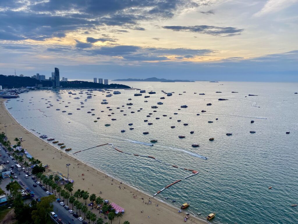 Aerial view of Pattaya beach at sunset from Hilton