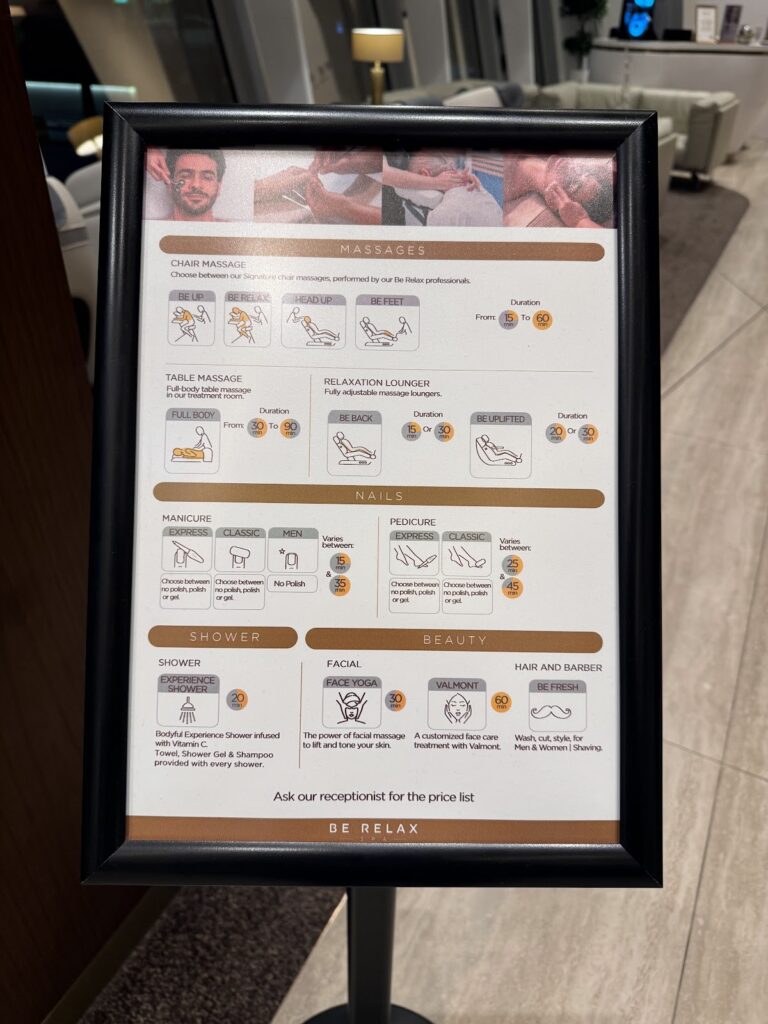 Be Relax spa menu in Etihad First Class Lounge
