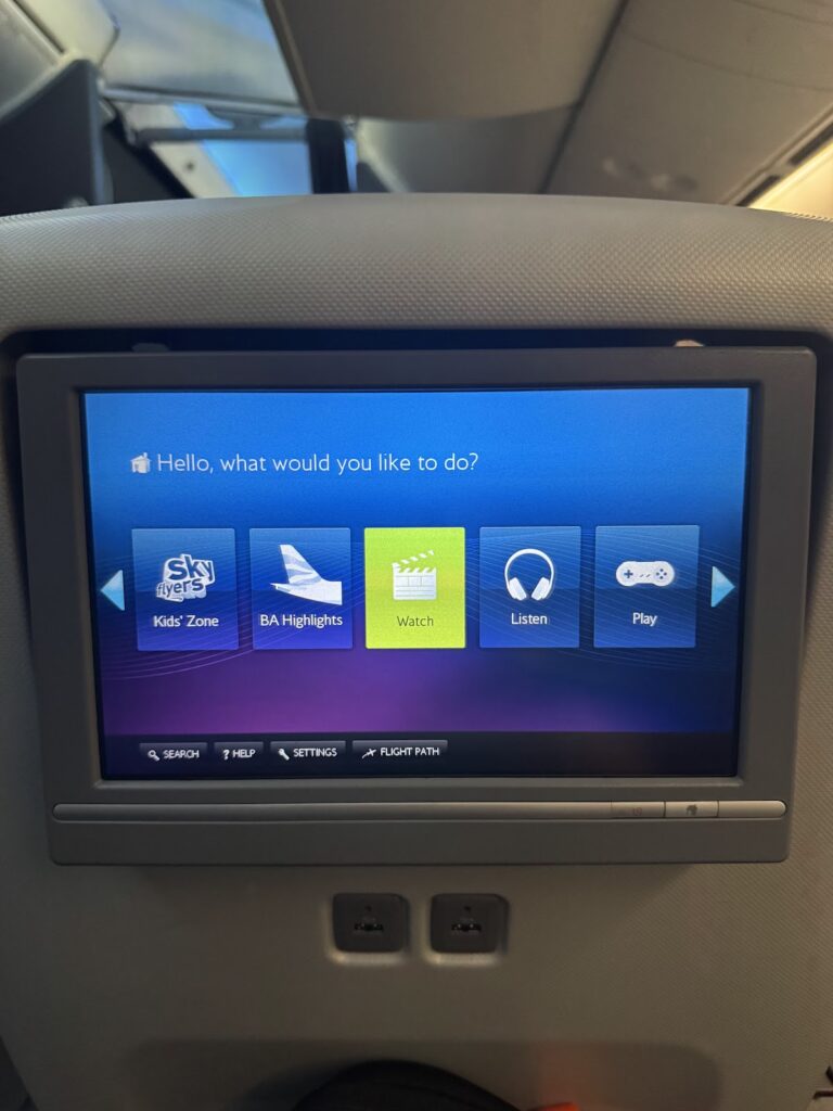 In-flight entertainment screen in BA premium economy cabin