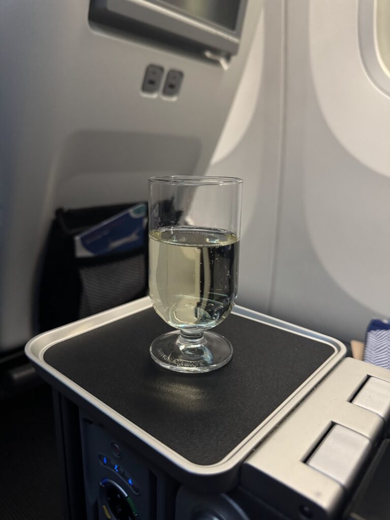 Glass of white wine in BA premium economy seat