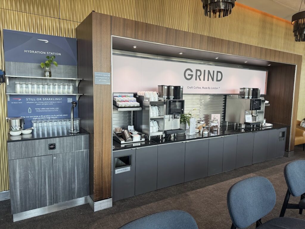 Grind coffee station and hydration area in the lounge