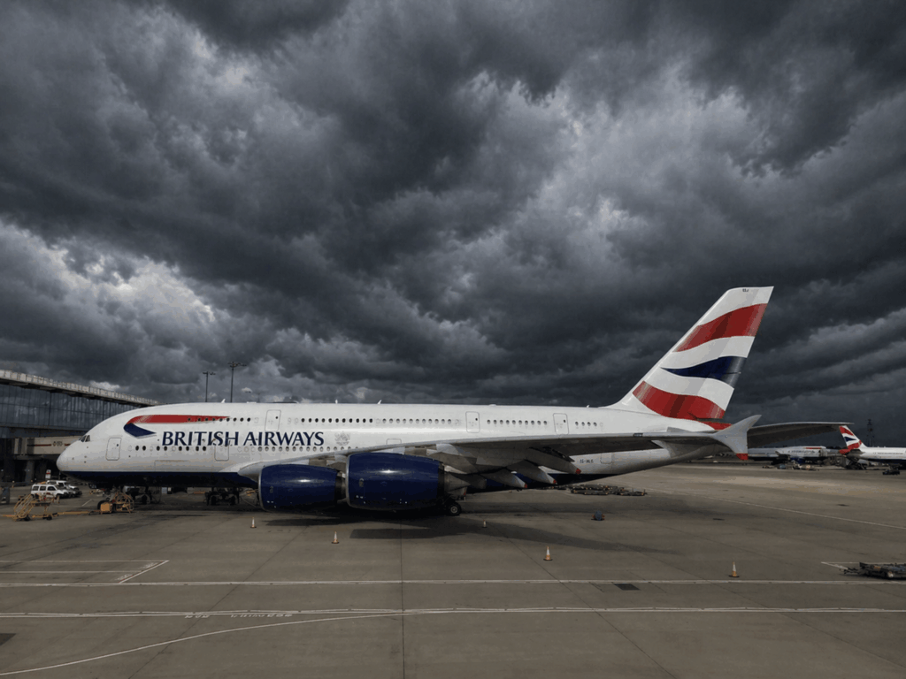 British Airways aircraft parked at Heathrow under stormy skies