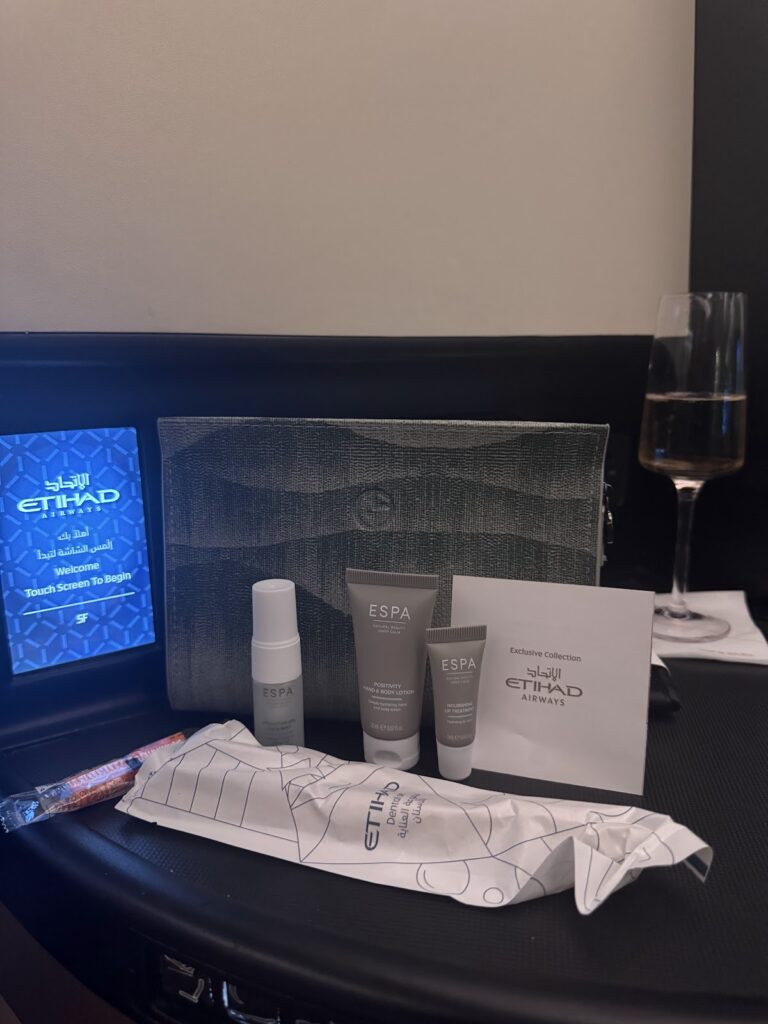 Etihad Business Class amenity kit with ESPA products