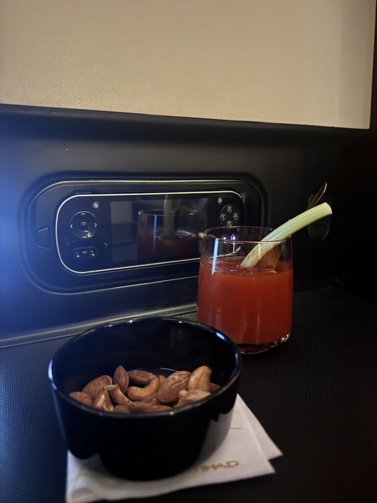Bloody Mary and nuts in Etihad Business Class