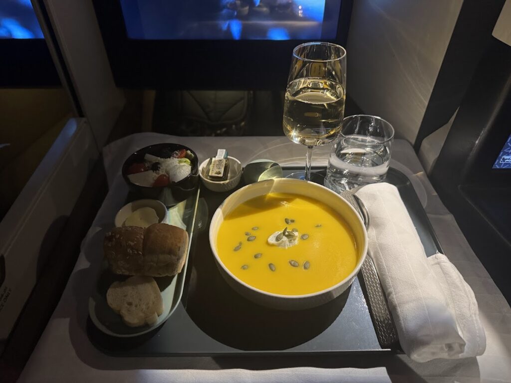 Pumpkin soup starter served in Etihad Business Class