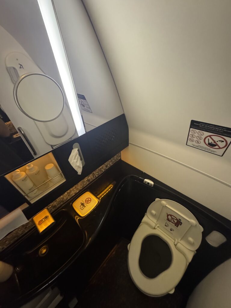 Etihad 787 Business Class lavatory with amenities