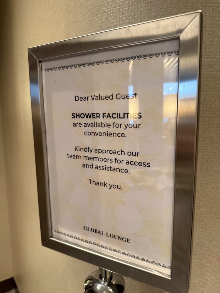 Shower facilities sign at the Global Lounge