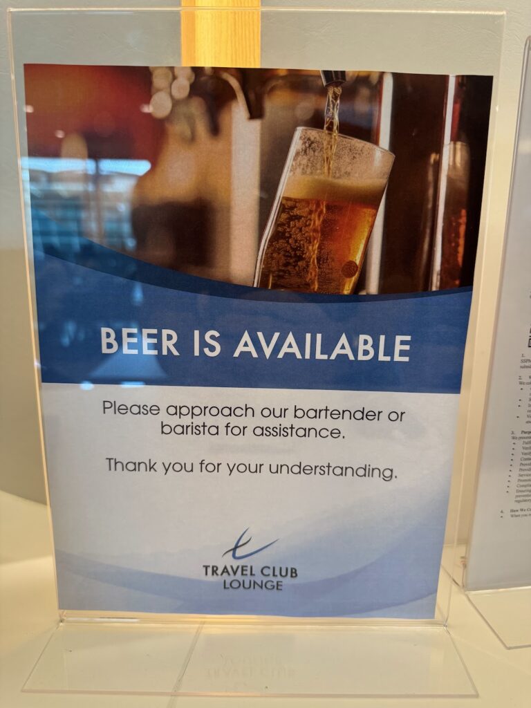 Beer availability sign at Travel Club Kota Kinabalu lounge