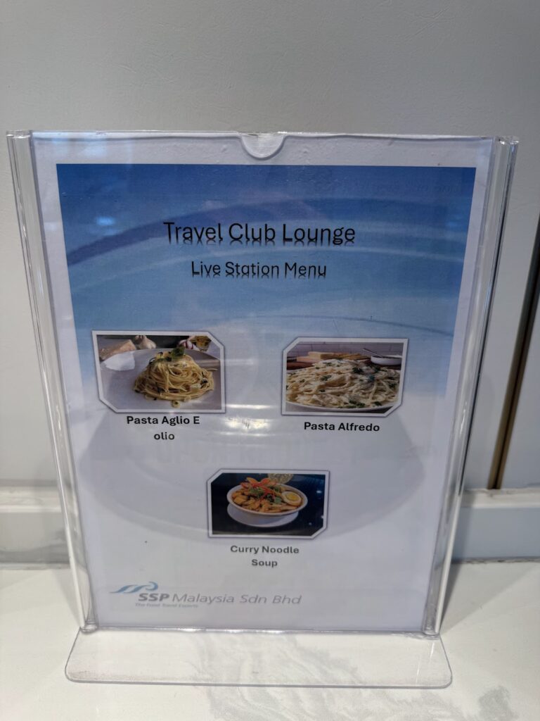 Travel Club Lounge live station menu with pasta options
