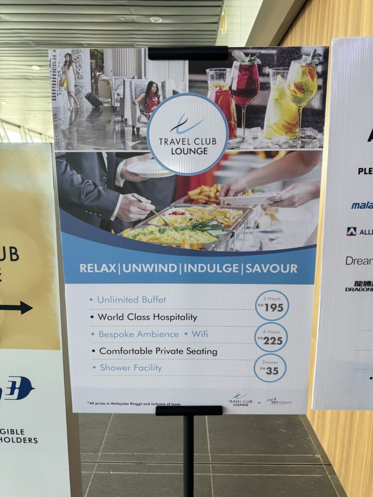 Travel Club Kota Kinabalu pricing sign showing lounge rates