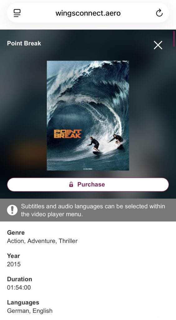 Eurowings inflight entertainment portal showing Point Break movie
