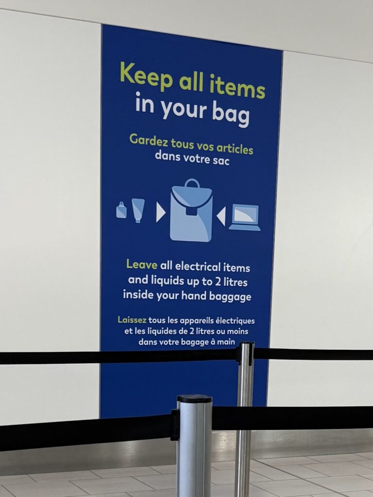 London Gatwick security sign about hand baggage rules