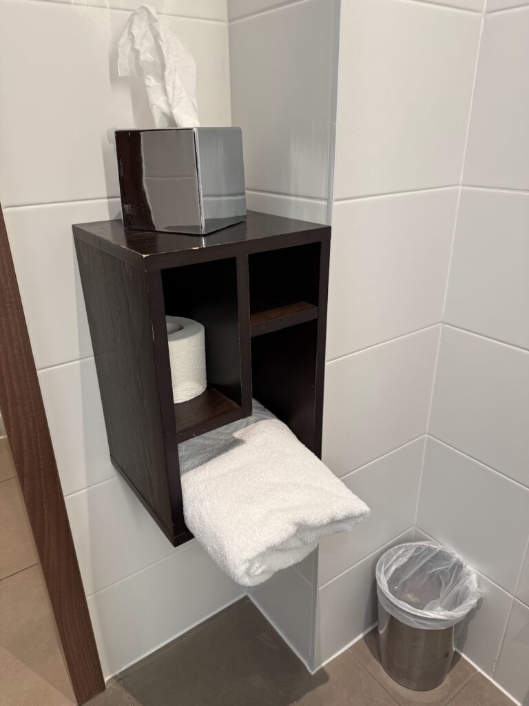 Bathroom shelf with towels and tissues at Hampton Bournemouth