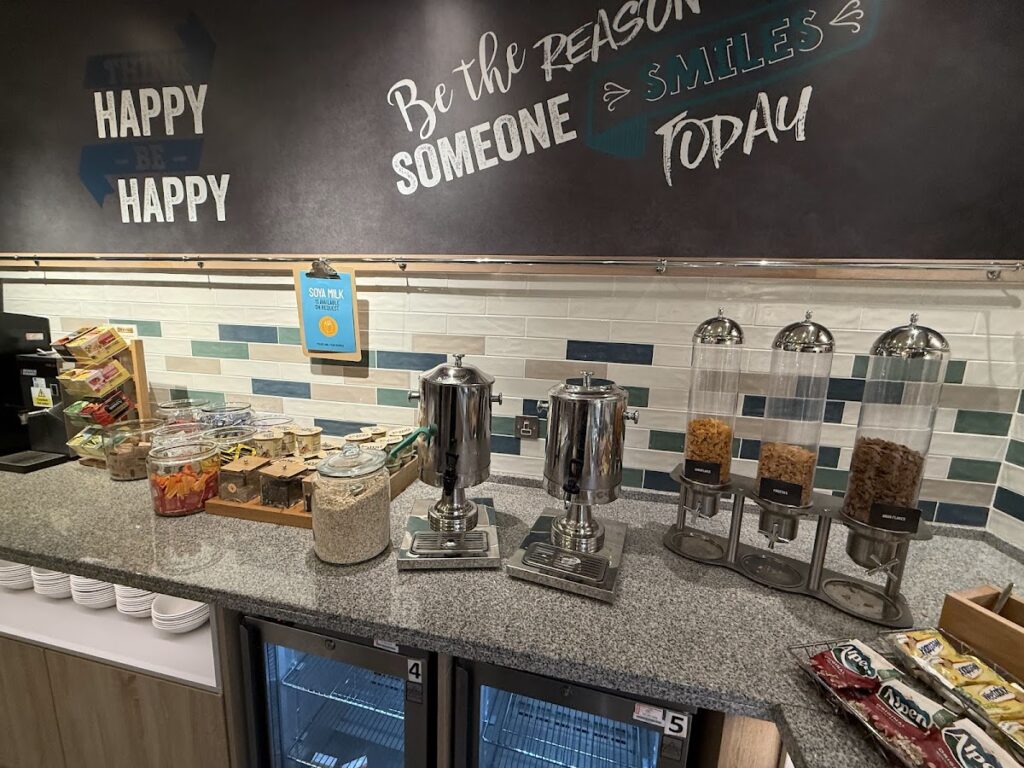 Breakfast buffet cereals and drinks at Hampton Bournemouth