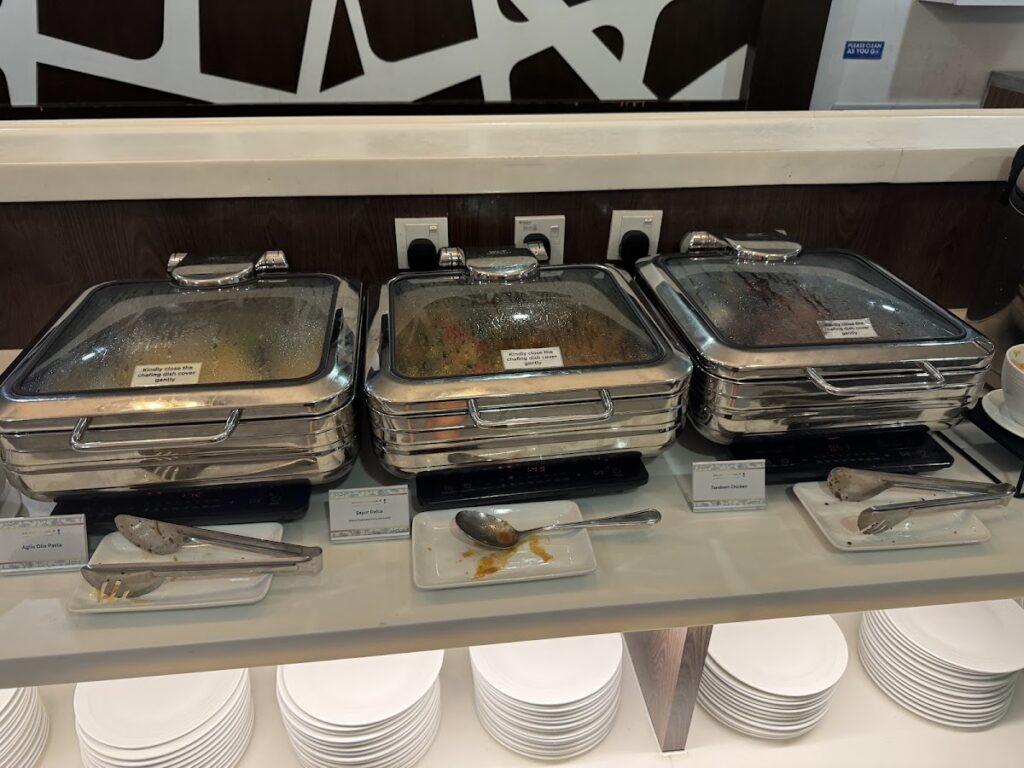 Hot food chafing dishes at Malaysia Airlines Golden Lounge Domestic