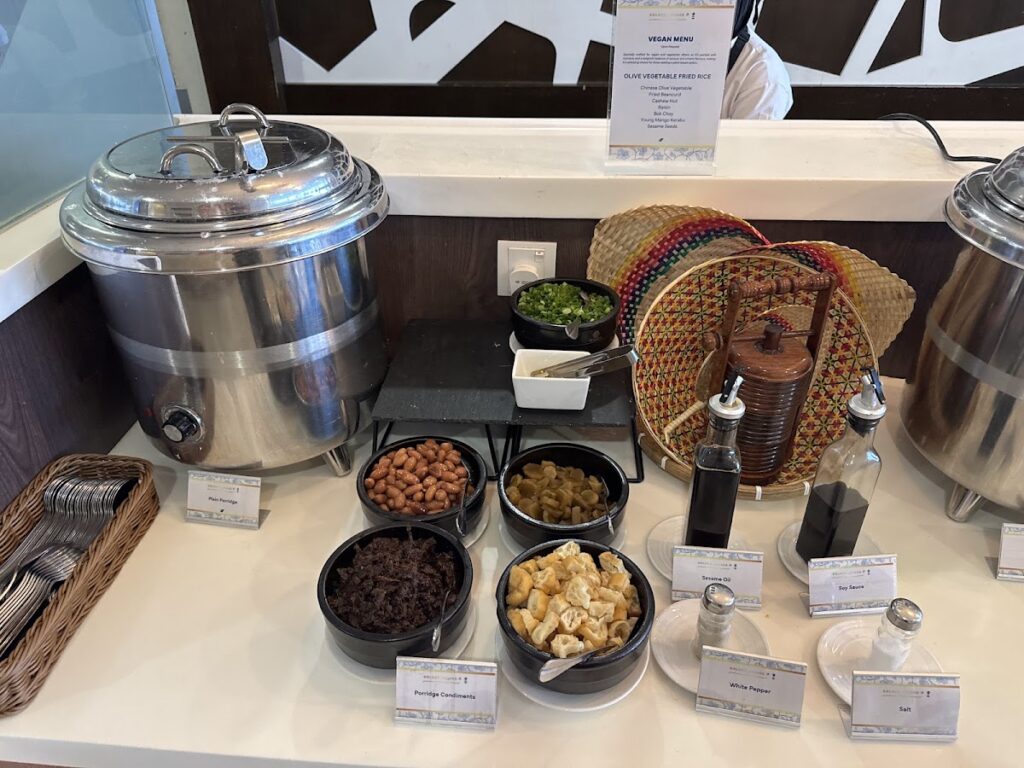 Porridge condiments and vegan menu at the Golden Lounge