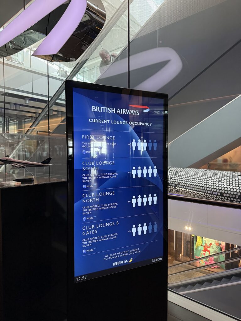 British Airways lounge occupancy screen at Heathrow