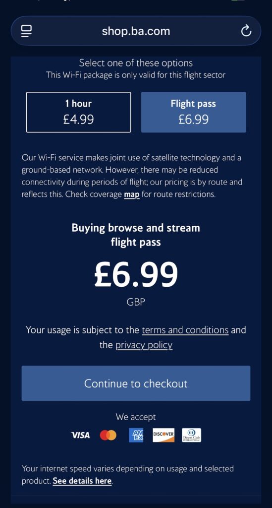 British Airways Wi-Fi flight pass checkout screen