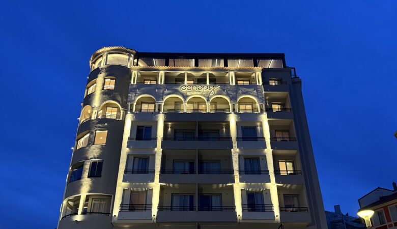 Canopy by Hilton Cannes exterior illuminated at dusk