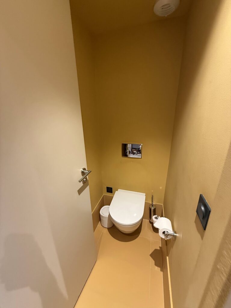 Separate toilet cubicle with mustard walls