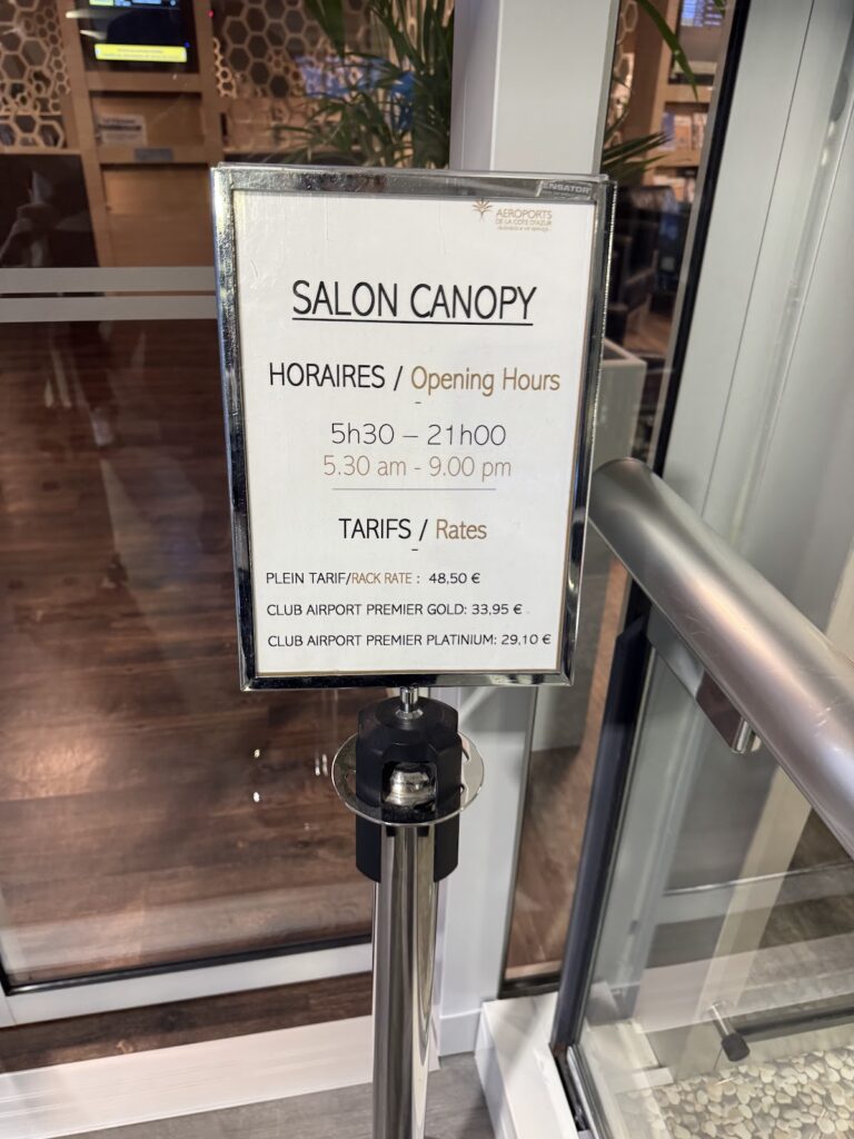 Canopy VIP Lounge Nice opening hours and rates sign