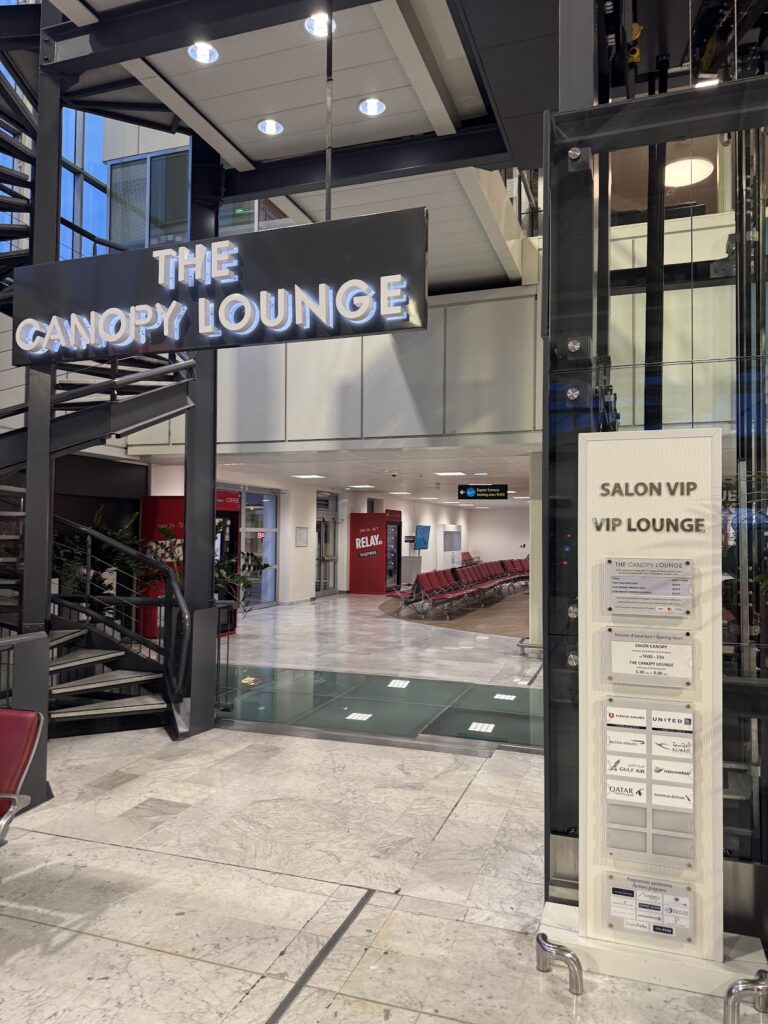 Entrance sign for The Canopy Lounge at Nice Airport