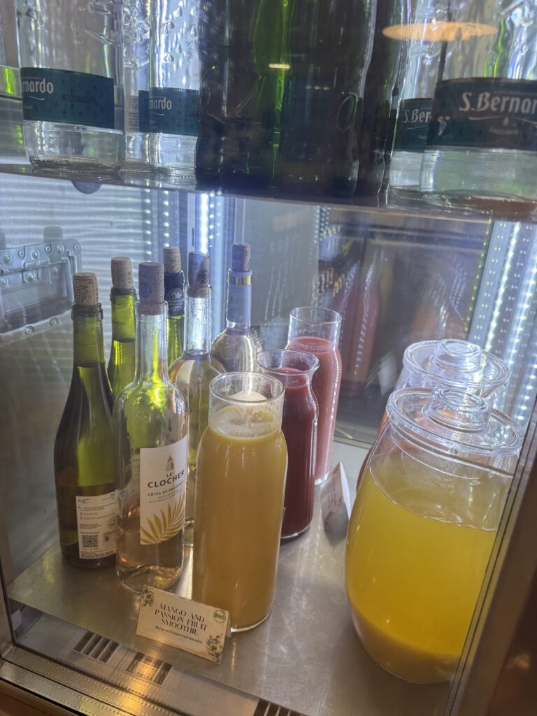 Chilled juices, wines and water in lounge fridge