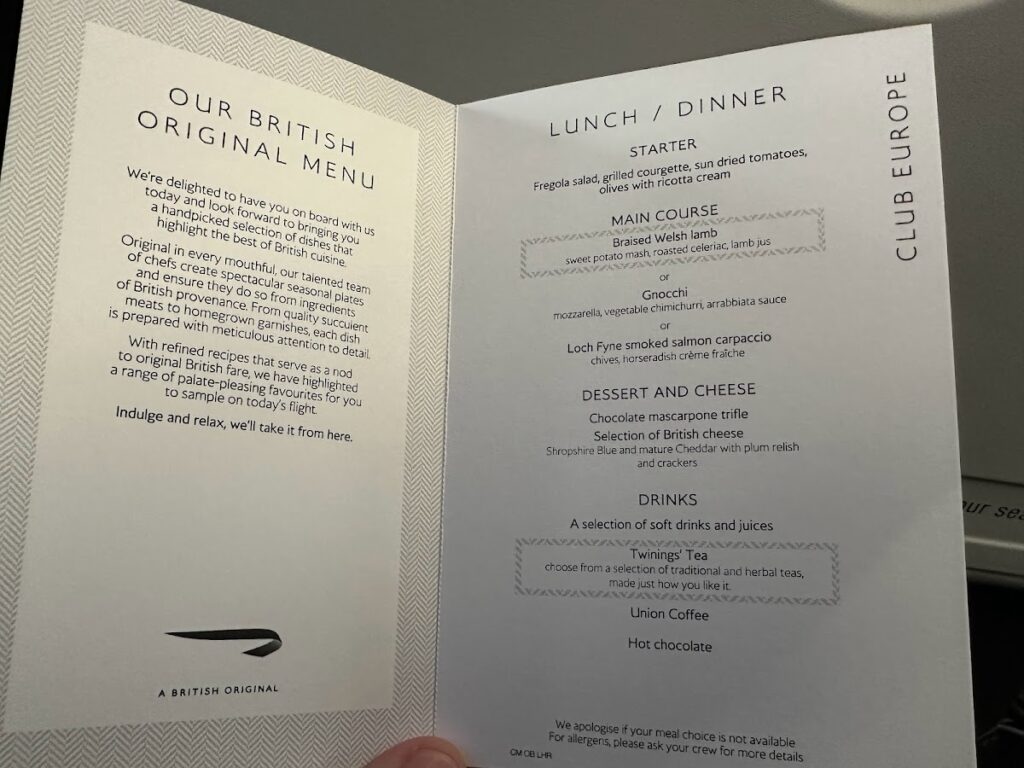 BA A320 Club Europe lunch and dinner menu