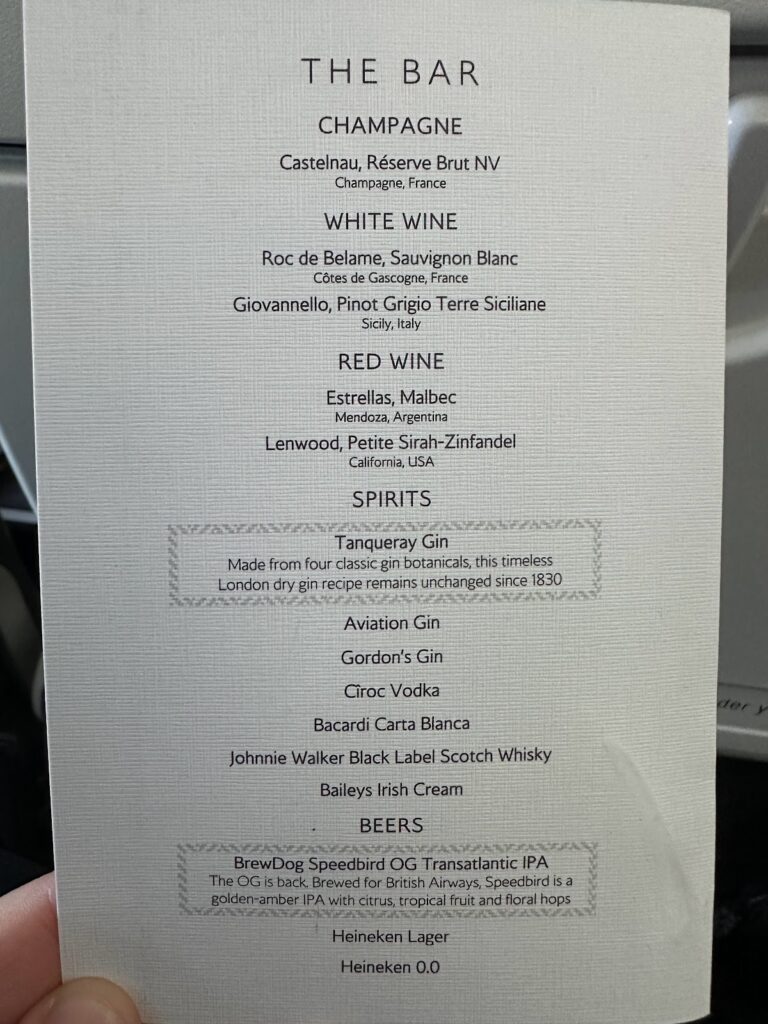 British Airways Club Europe bar menu