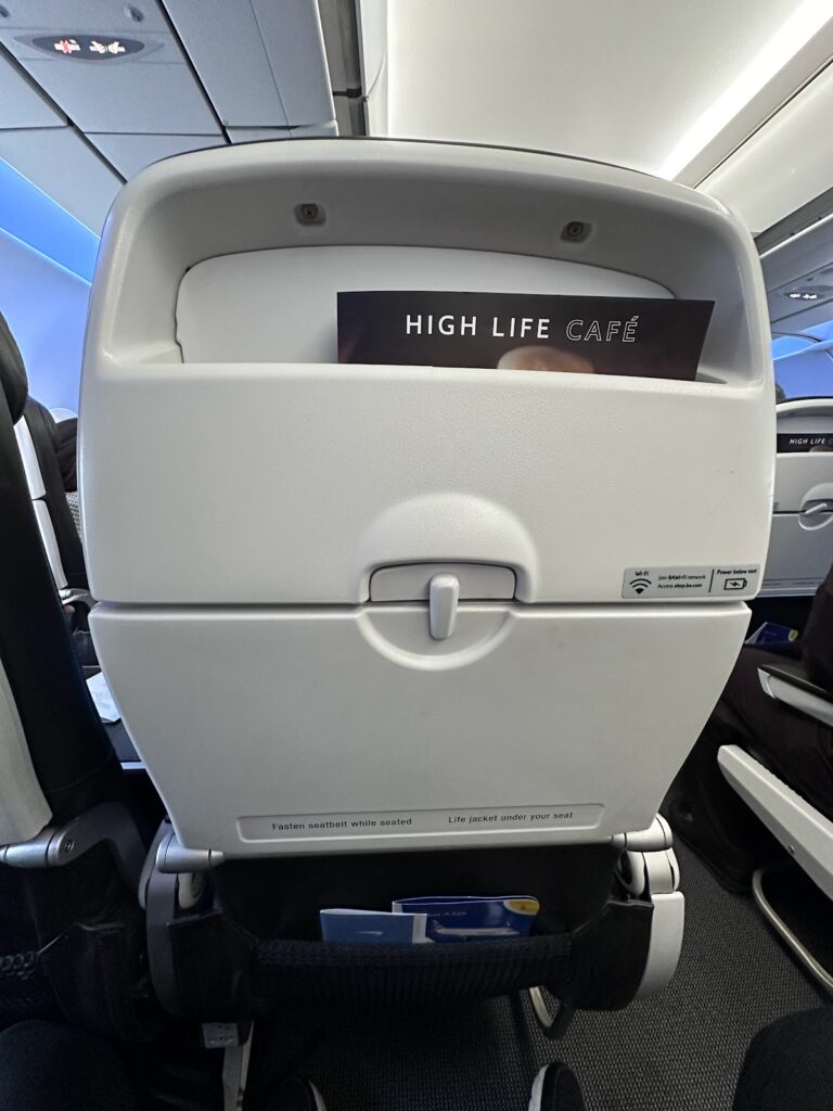 BA A320 seatback with High Life Café menu