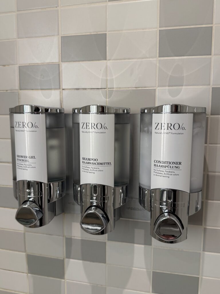 Wall-mounted bathroom toiletries in tiled shower