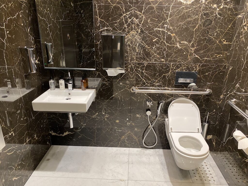 Accessible bathroom with toilet, sink, and grab rails