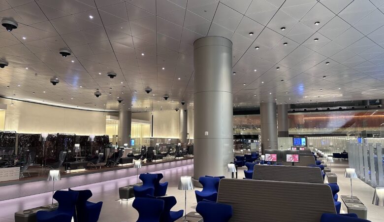 Al Mourjan Lounge Doha seating with blue chairs