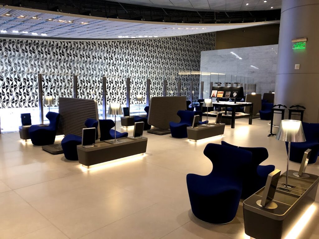 Blue armchairs in Al Mourjan Lounge Doha