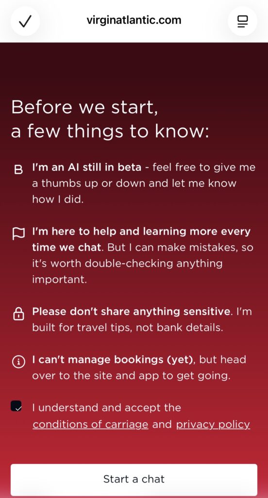 AI disclaimer on the new Virgin Atlantic App