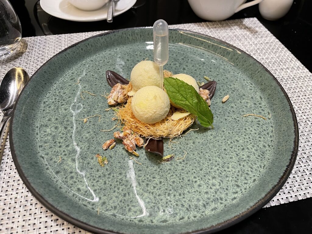 Plated dessert from Qatar Airways Al Safwa First Class Lounge