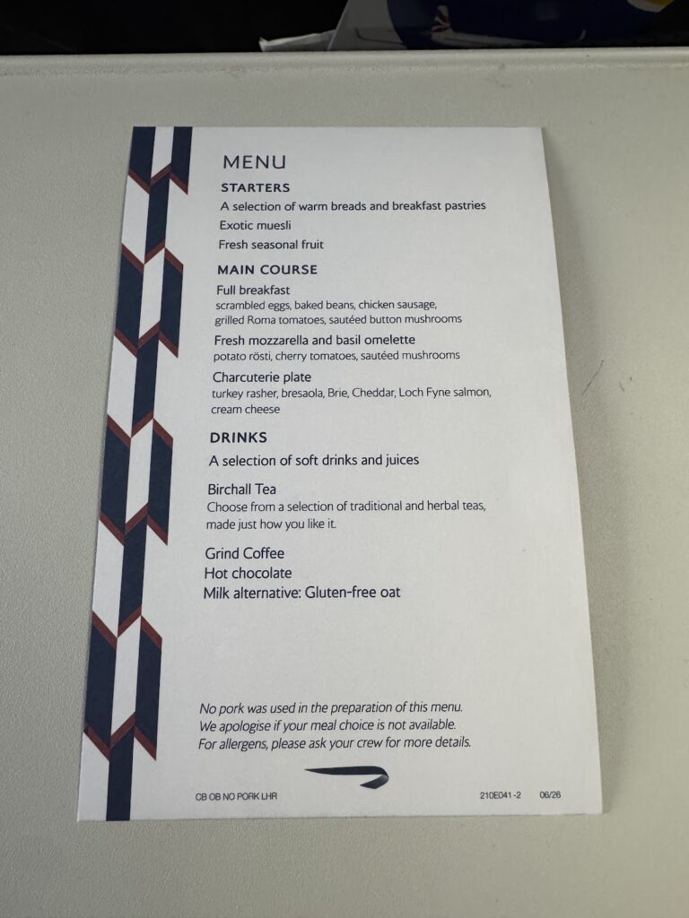 Club Europe breakfast menu card on tray table