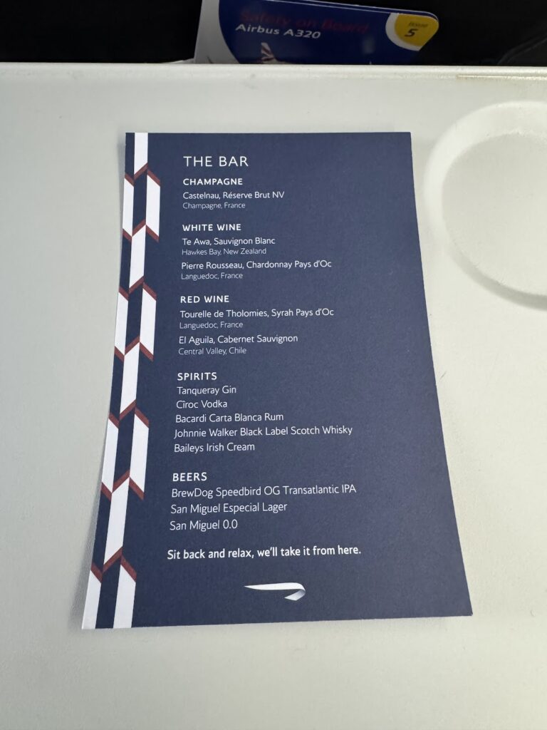 Club Europe bar menu listing wines, spirits and beers