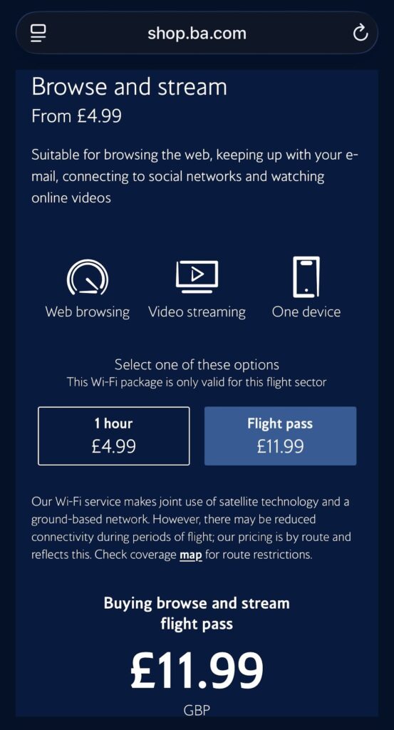 British Airways onboard Wi-Fi pricing screen