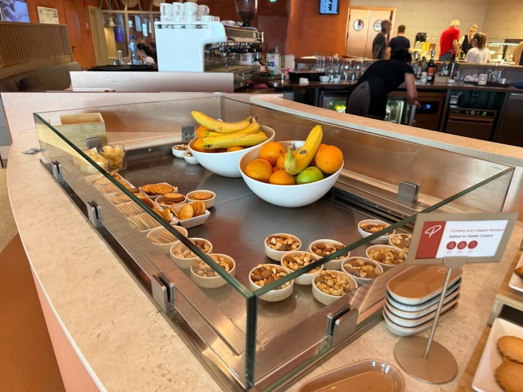Fruit and nut snack station inside Primeclass Lounge Sofia