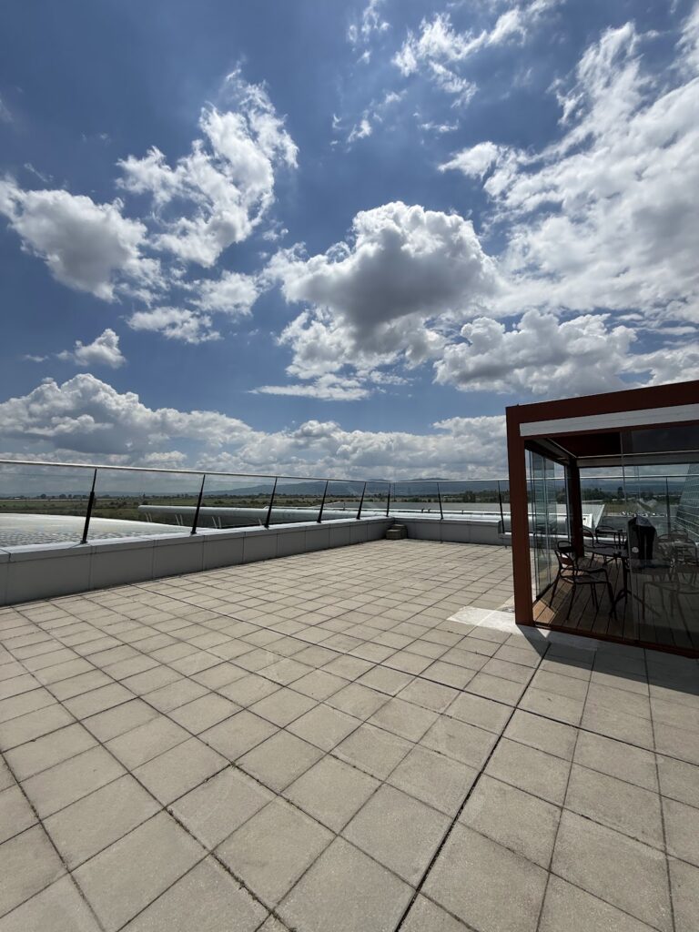 Outdoor terrace at Sofia Airport Primeclass Lounge under blue sky