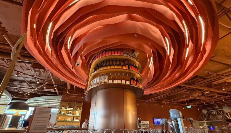 Striking rose-shaped sculpture above bar in Primeclass Lounge Sofia Airport