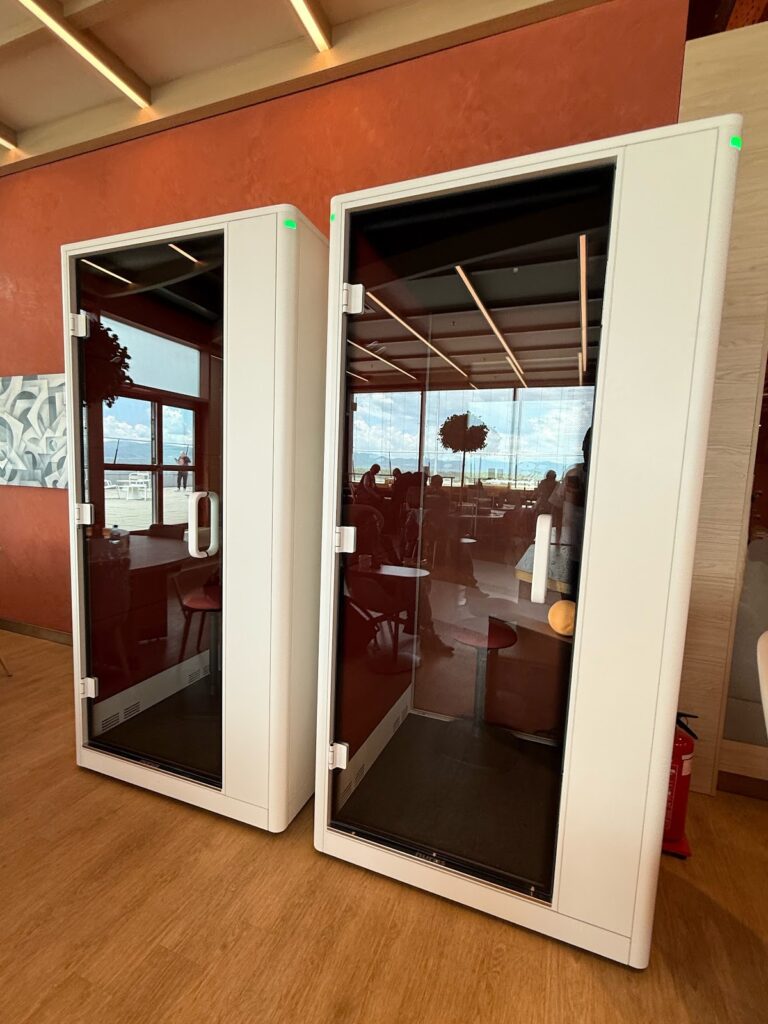 Soundproof phone booths inside Primeclass Lounge Sofia Airport