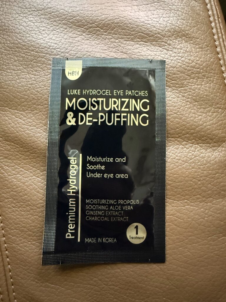 Luke hydrogel moisturising eye patches amenity on leather seat