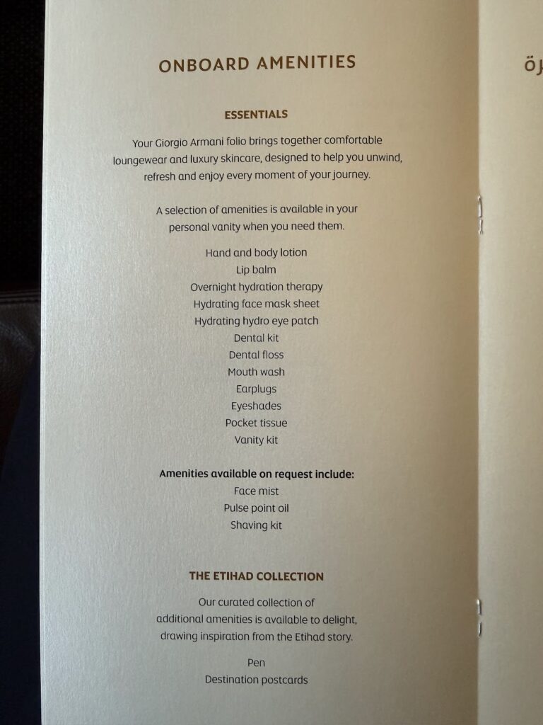 Etihad first class onboard amenities list booklet page