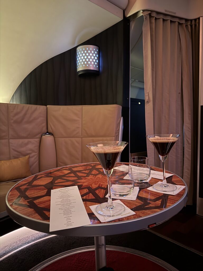 Espresso martinis on table in Etihad A380 lobby bar