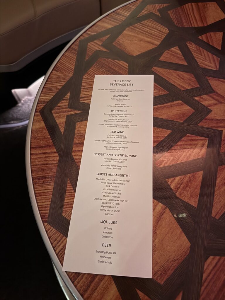 The Lobby bar beverage list on Etihad A380