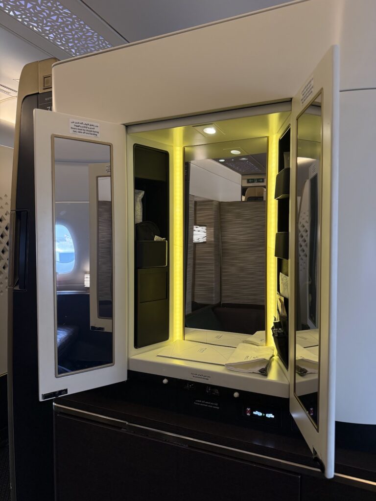Etihad A380 Apartments vanity mirror and wardrobe open