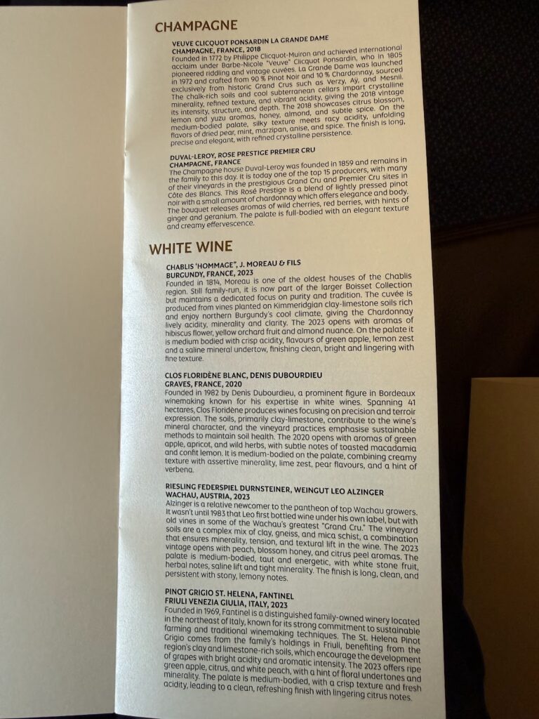 Etihad A380 Apartments champagne and white wine menu