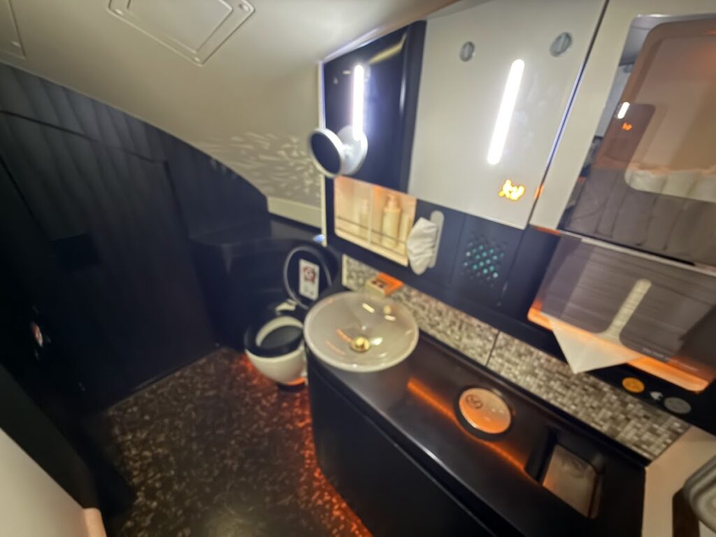 Onboard bathroom with vanity in Etihad A380 first class